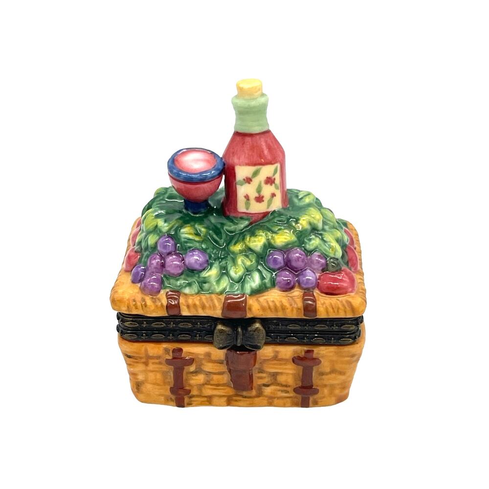 Porcelain Picnic Basket Wine Grapes & Glass Hinged Trinket Box Foreside